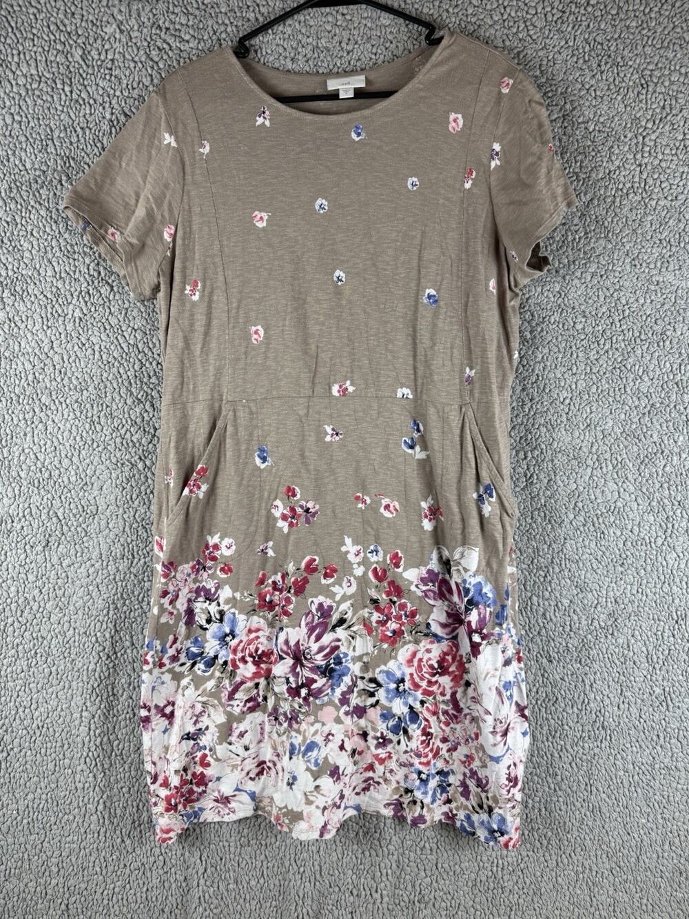 J.Jill Beige Short Sleeve Floral Watercolor Dress Size Medium Pockets Cotton